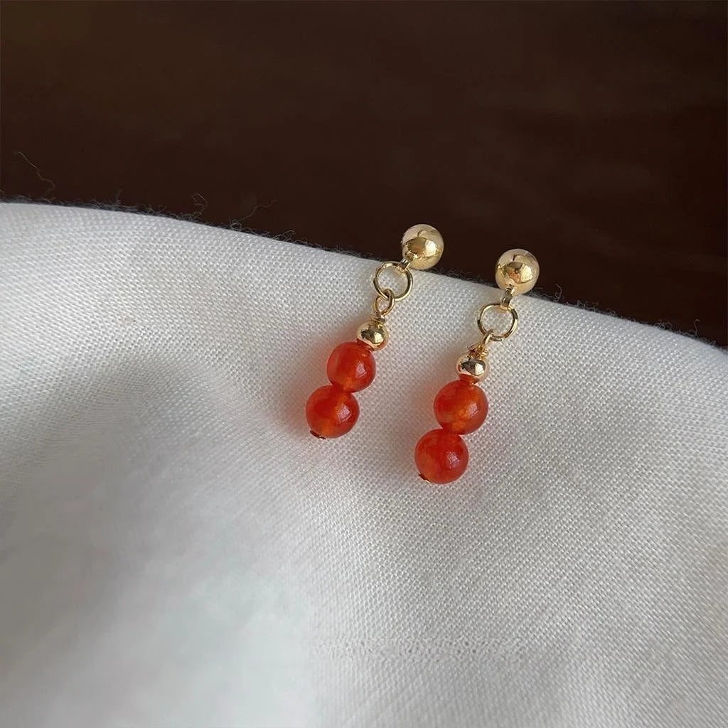 Handmade Red Agate Gourd Stud Earrings Copper New Chinese Style Mini Natural Stone Jewelry