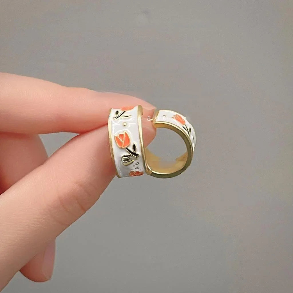 French Vintage Copper Tulip Flower Enamel C-Shaped Hoop Earrings Elegant Sweet Jewelry