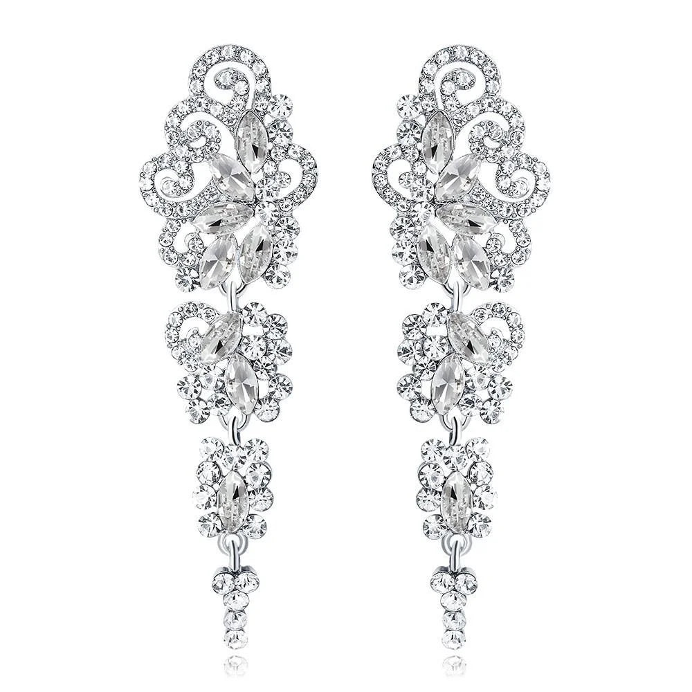 Luxury Hollow Scroll Alloy Rhinestone Long Drop Earrings For Bridal Wedding Party Banquet Jewelry