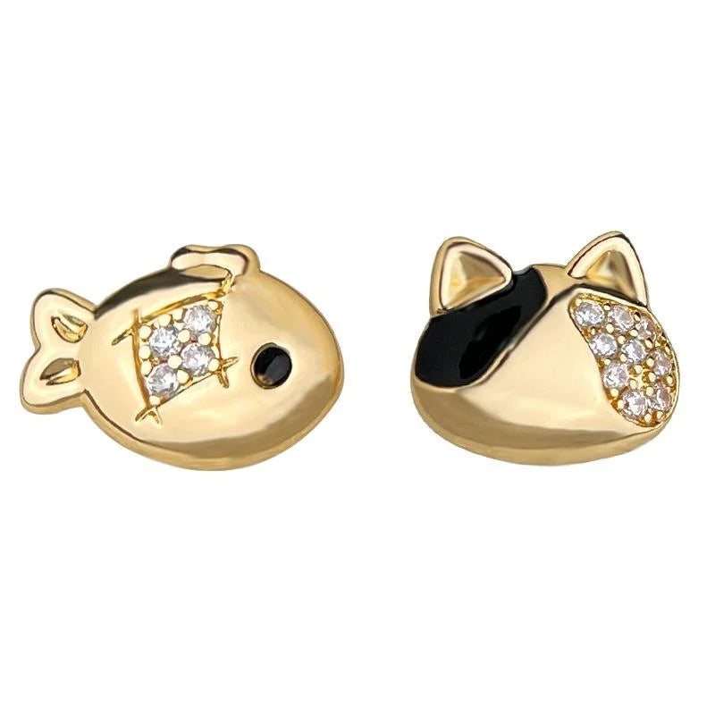 Asymmetric Micro Pave Zircon 14K Plated Goldfish Cat Stud Earrings