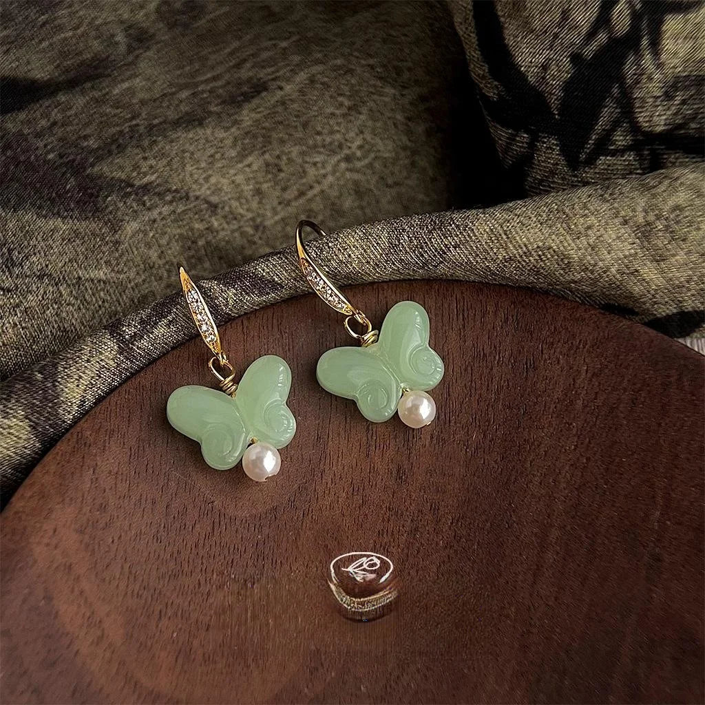 New Chinese Style Jade Glass Butterfly Pearl Drop Earrings French Vintage Handmade Jewelry