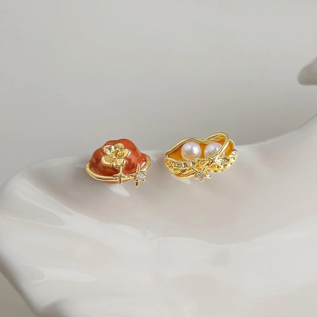 Asymmetric Persimmon Peanut Zircon Enamel Stud Earrings With Pearl Copper