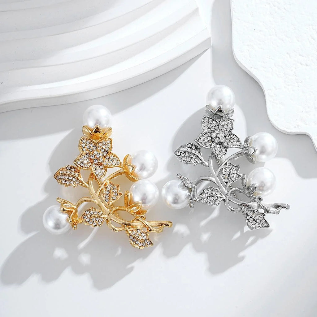 Luxury Plum Blossom Pearl Rhinestone Brooch, Gold Tone Floral Branch Lapel Pin Corsage For Coat Gift