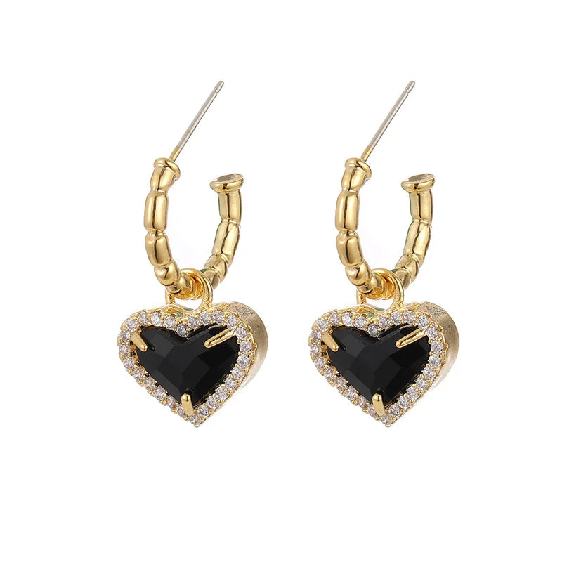 French Luxury Black Heart Zircon Rhinestone Spiral Hoop Stud & Clip On No Piercing Gold Tone Earrings