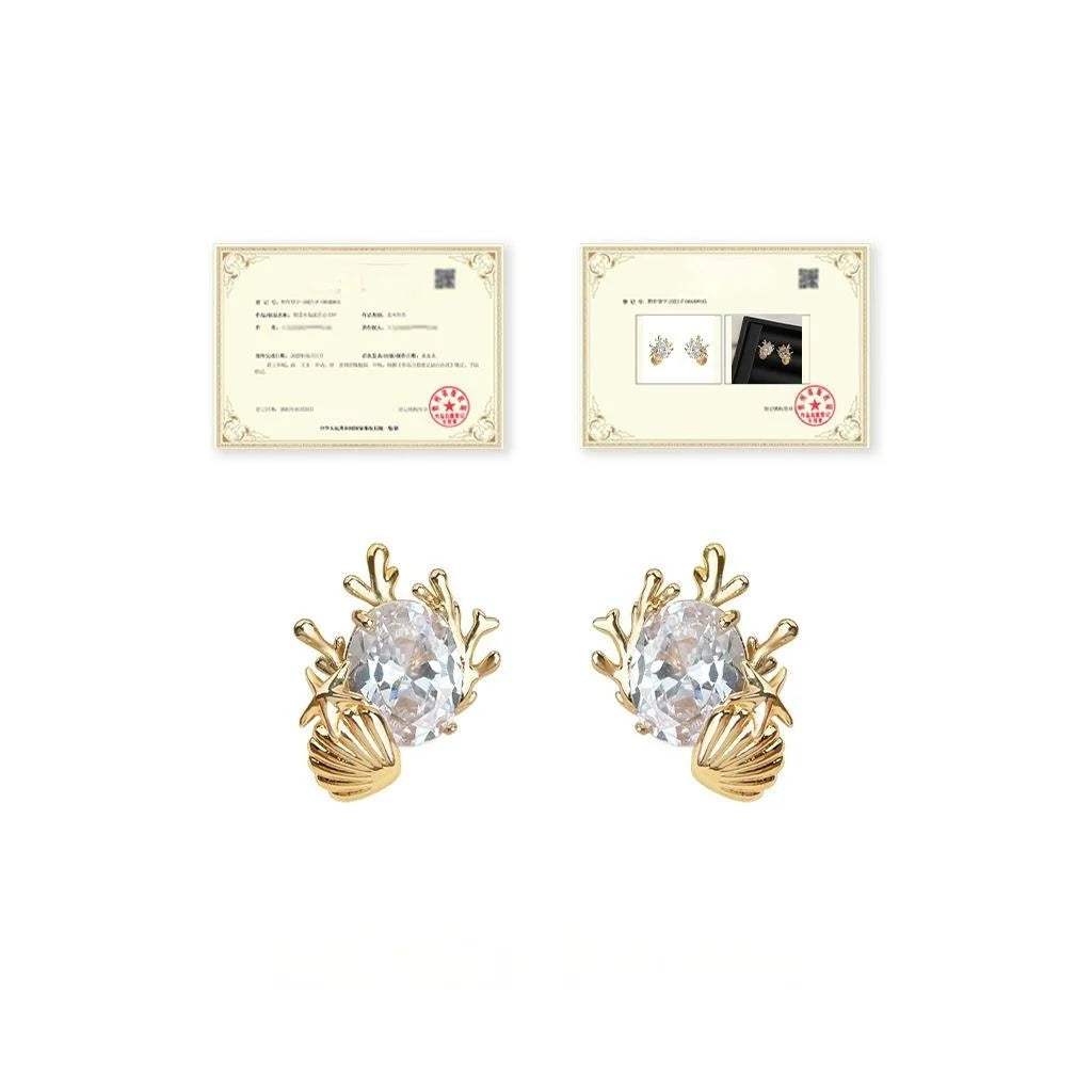 Ocean Shell Zircon Stud Earrings Silver Plated Pin Geometric Round Designer Fashion Jewelry
