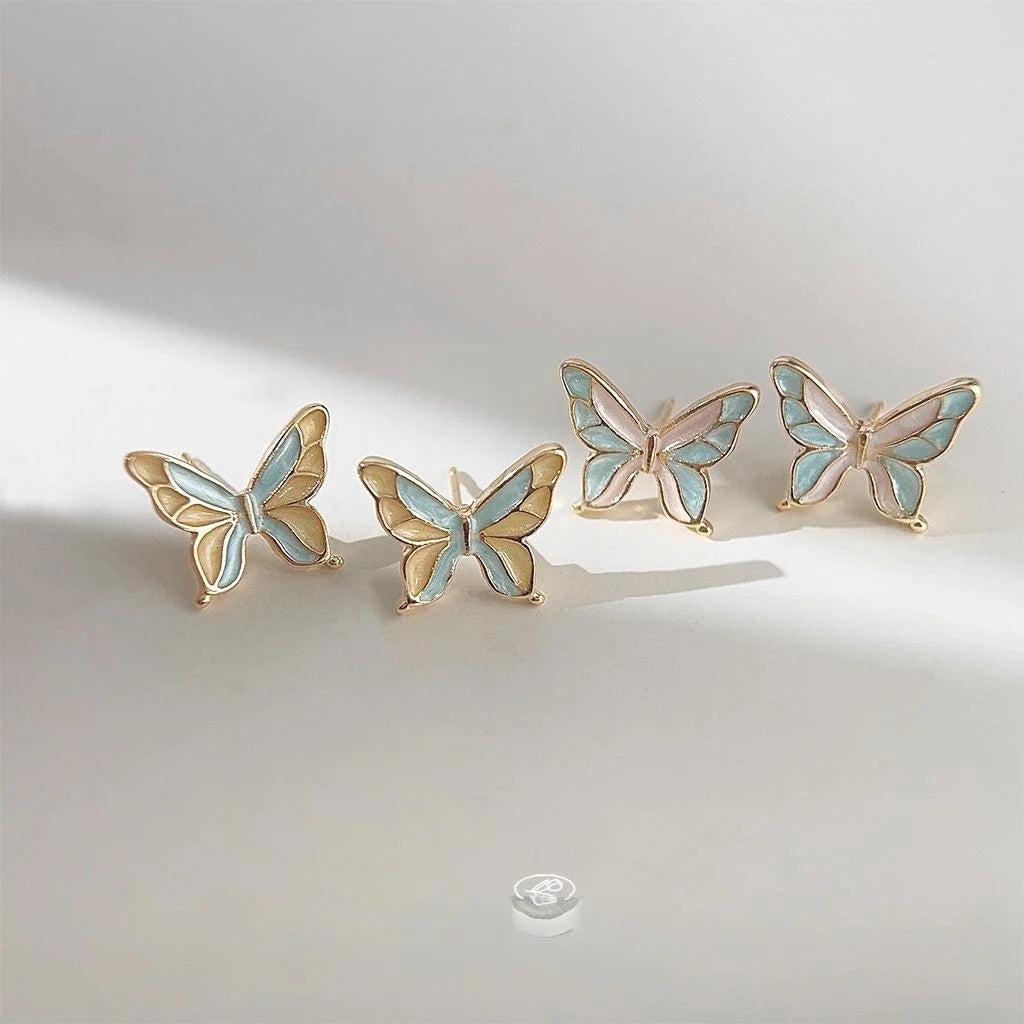 14K Gold Plated Copper Enamel Butterfly Stud Earrings Sweet Forest Style Jewelry For Women