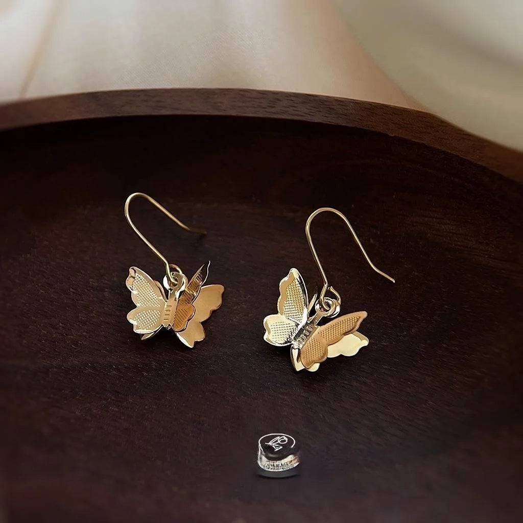 14K Gold Plated Copper 3D Butterfly Drop Earrings, Forest Style Elegant Designer Jewelry