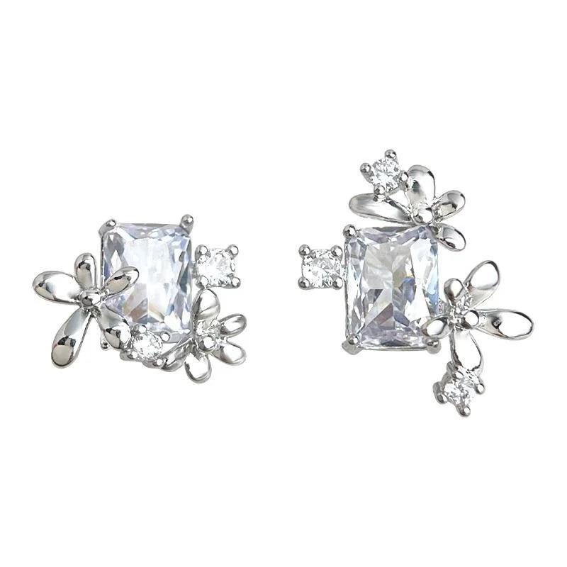 Silver Plated Copper Zircon Flower Cluster Stud Earrings Simple Sweet Designer Jewelry