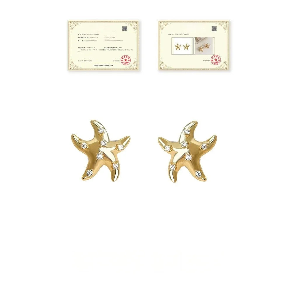 14K Gold Plated Copper Starfish Stud Earrings With Micro Pave Zircon Ocean Luxury Style