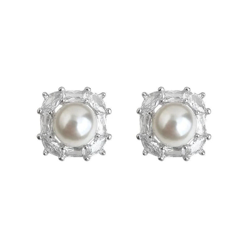 Light Luxury Zircon Pearl Geometric Square Stud Earrings For Women, Silver Plated Commuter Jewelry