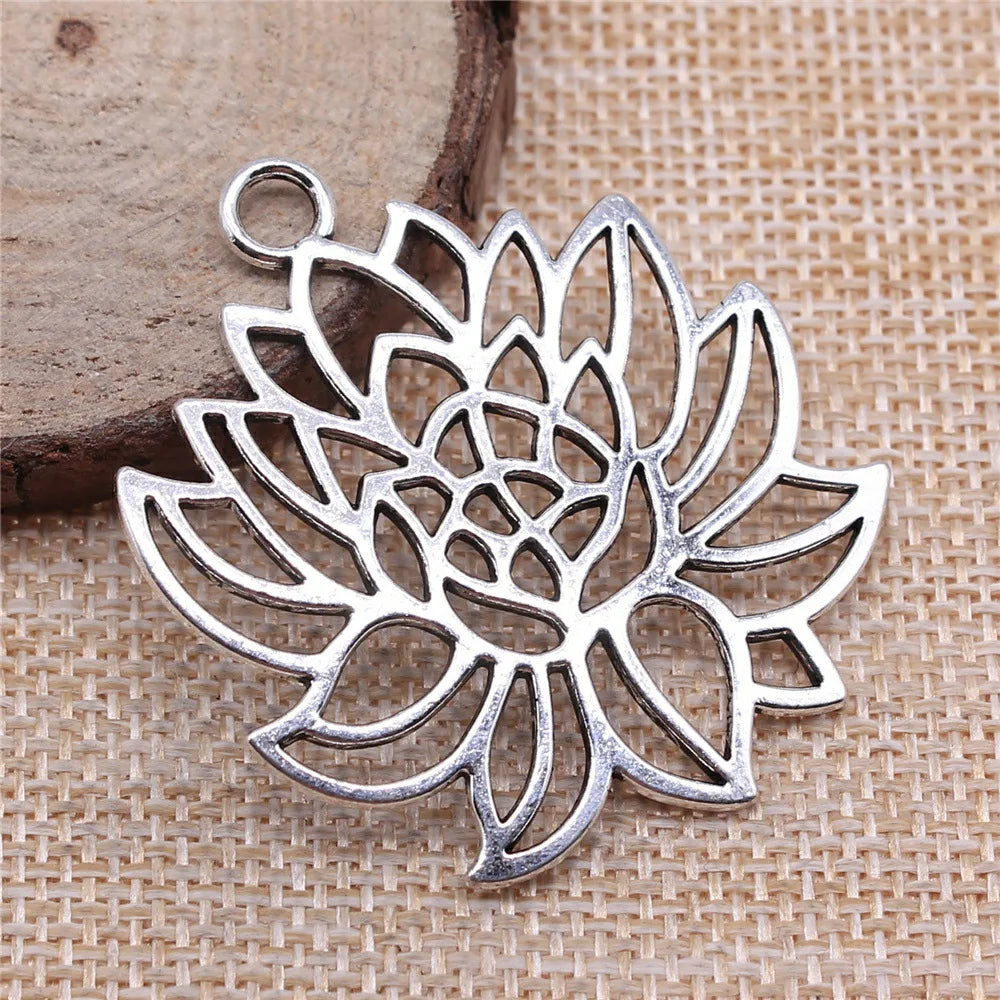 42x48mm 6.1g Antique Silver Zinc Alloy Lotus Charm Pendant for DIY Necklace Bracelet Making