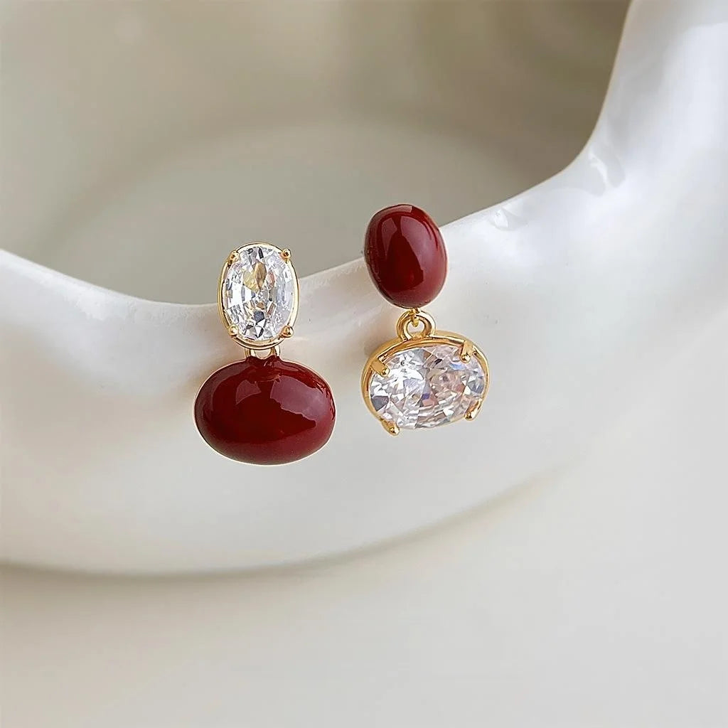 Vintage Hepburn Wine Red Enamel Zircon Copper Geometric S Drop Earrings