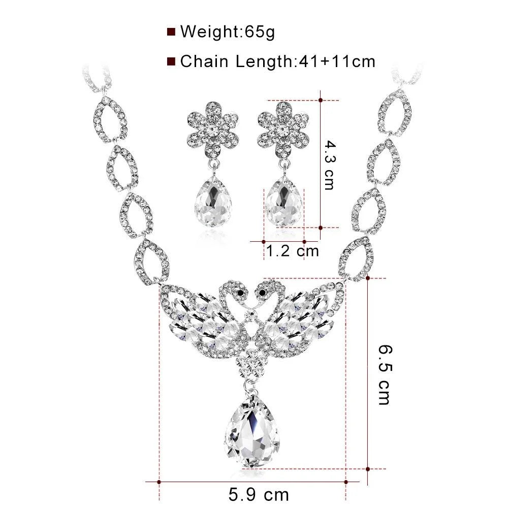 Luxury Bridal Swan Crystal Rhinestone Alloy Jewelry Set With Teardrop Necklace Earrings For Wedding