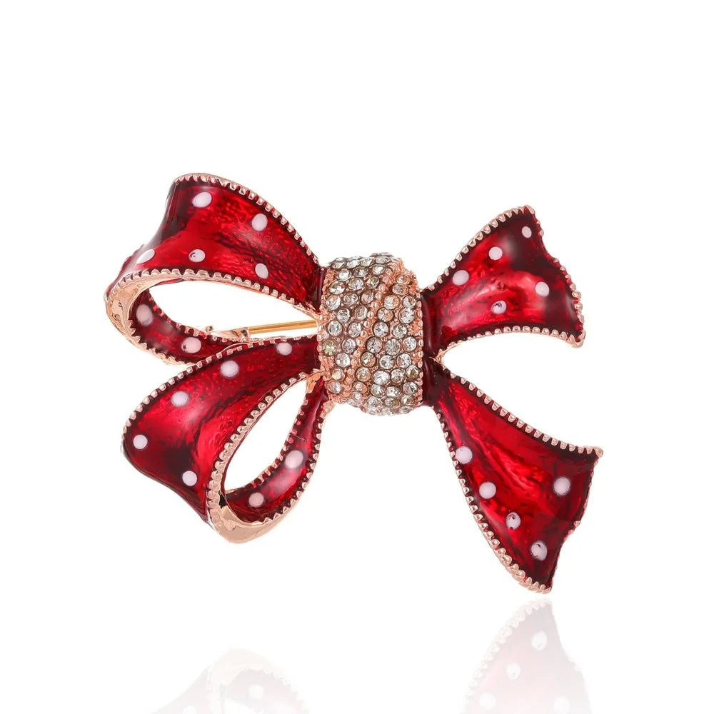 Elegant Red Enamel Bow Brooch With Rhinestone Center, Women's Lapel Pin Scarf Clip Suit Accessory Gift