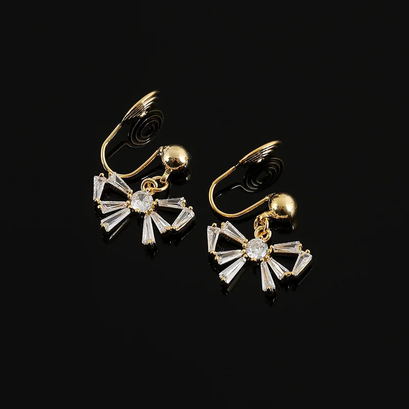 Elegant Zircon Bowknot Dangle Stud & Clip On No Piercing Gold Alloy Sweet Forest Style Earrings