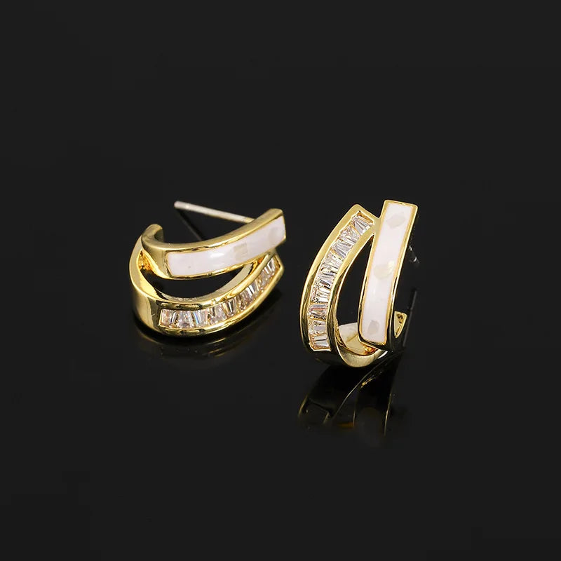 Elegant Curved Double Arc Mother Of Pearl Zircon Alloy Stud & Clip On No Piercing Earrings