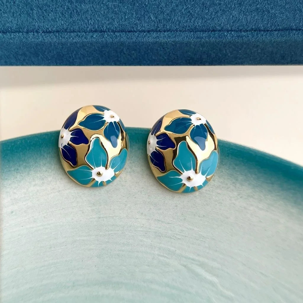 Elegant Summer Gradient Blue Floral Enamel Copper Stud Earrings
