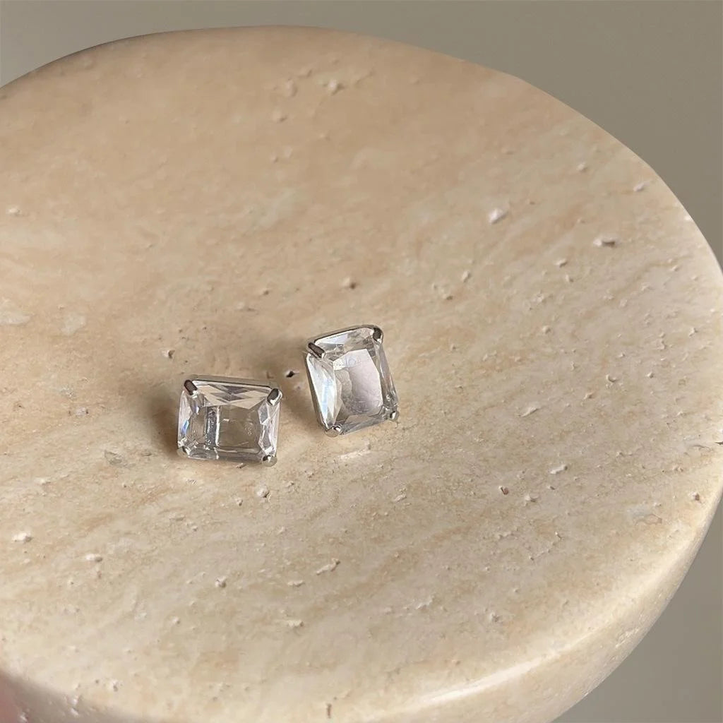 Minimalist Square Glass Crystal Stud Earrings Copper Geometric Luxe Everyday Jewelry
