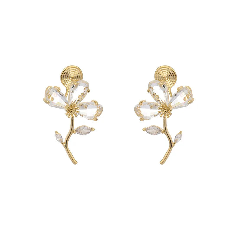 Elegant Crystal Zircon Flower Stem Stud & Clip On No Piercing Gold Alloy Women's Fashion Earrings