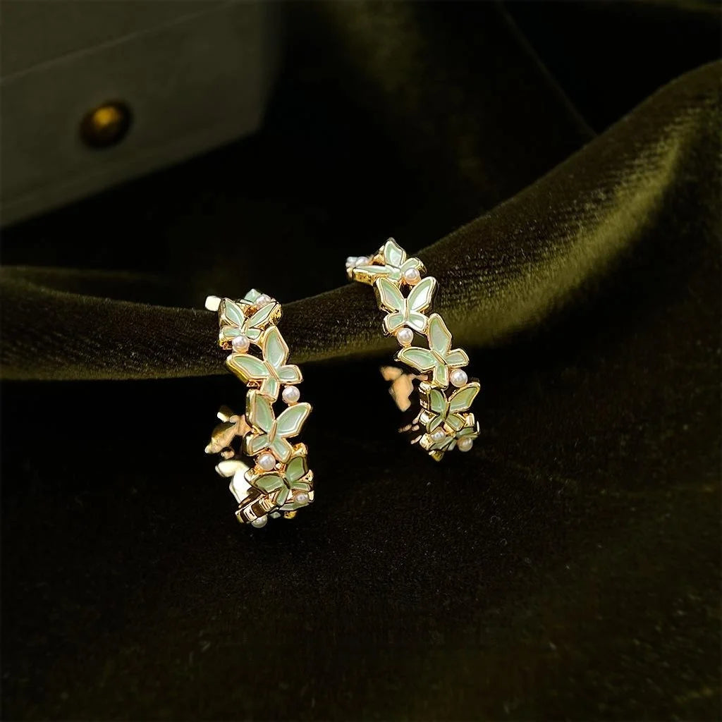 Chic Butterfly Enamel Drip Glaze Pearl Copper Drop Earrings
