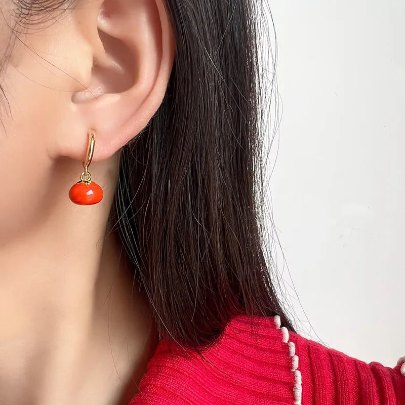 Vintage Chinese Persimmon Fruit Enamel Alloy Dangle Hoop Stud & Clip On No Piercing Earrings