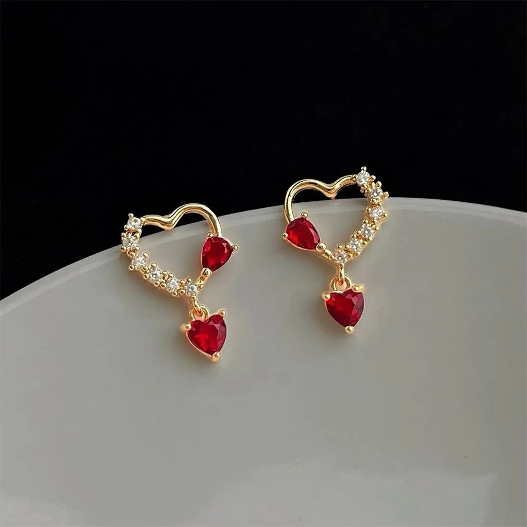 14K Plated Copper Burgundy Zircon Heart Stud Earrings Vintage Minimalist Jewelry