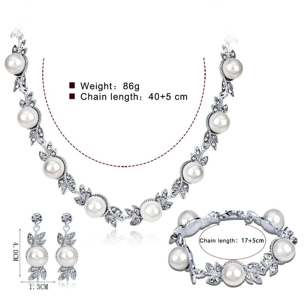 Elegant Bridal Pearl Rhinestone Leaf Earrings Necklace Bracelet Jewelry Set For Wedding Party Gift