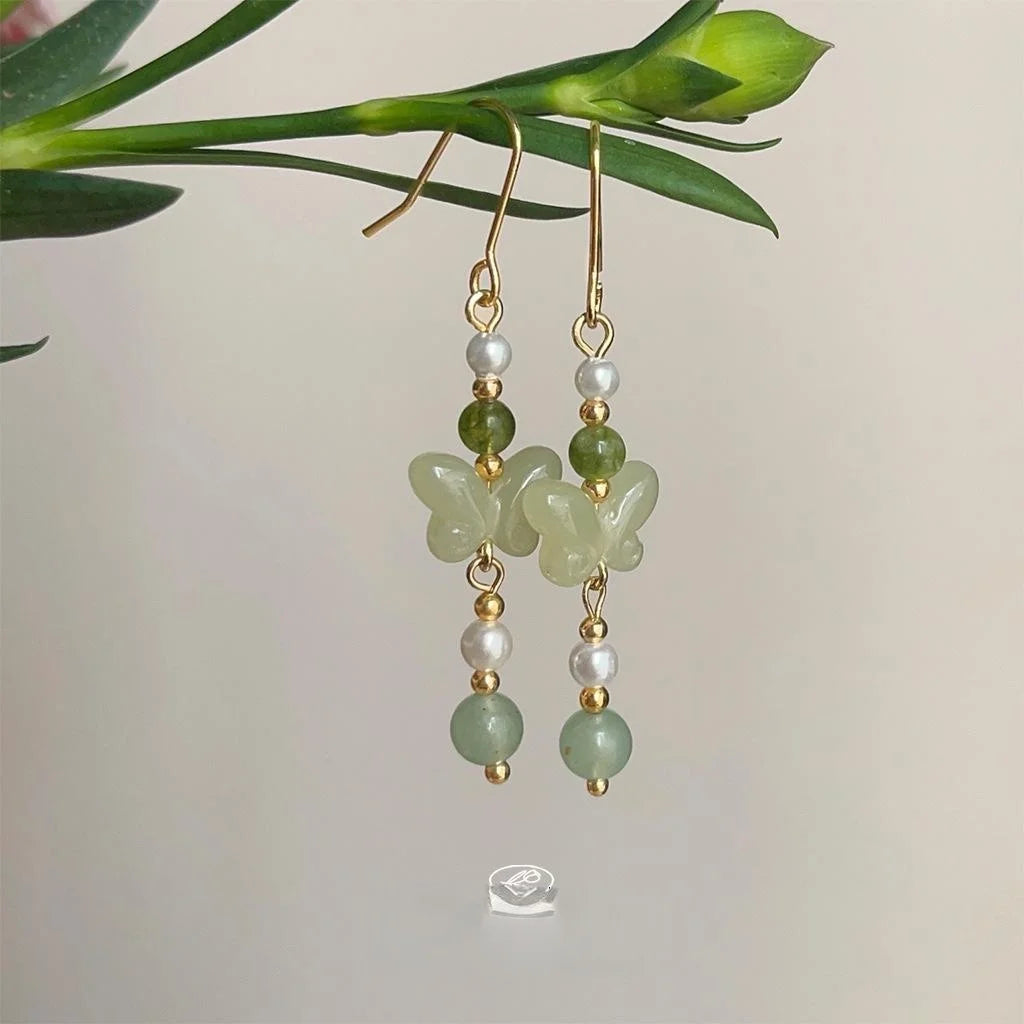 New Chinese Style Butterfly Drop Earrings Glass Crystal Pearl Jade Long Handmade Designer Jewelry