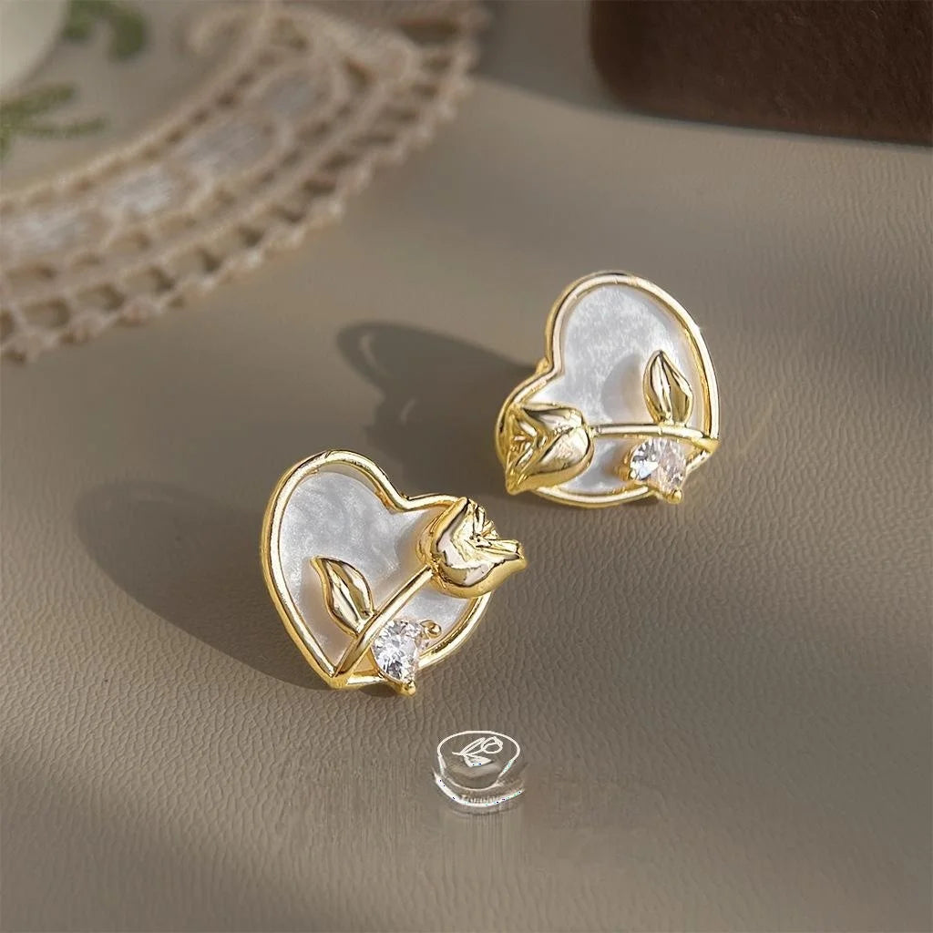 Modern Minimalist Copper Zircon Heart Tulip Flower Stud Earrings