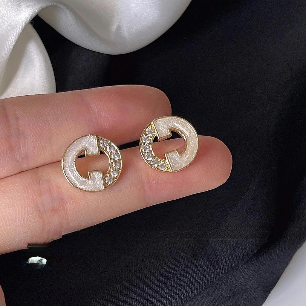 French Style Micro Pave Zircon Hollow Letter Round Copper Stud Earrings