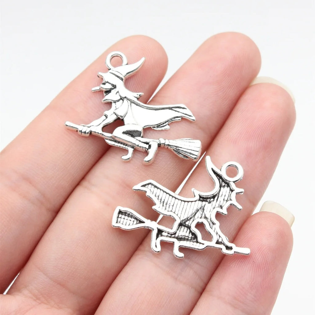 30x23mm 1.6g Zinc Alloy Witch on Broom Charm Pendant for DIY Halloween Jewelry Making