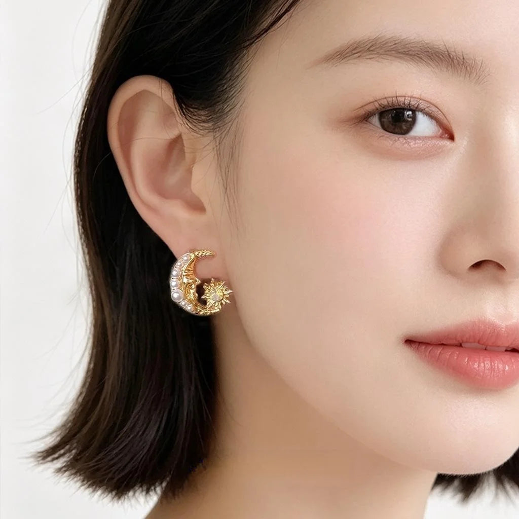 14K Plated Moon Stud Earrings Eco-Friendly Copper Geometric Light Luxury Ear Jewelry