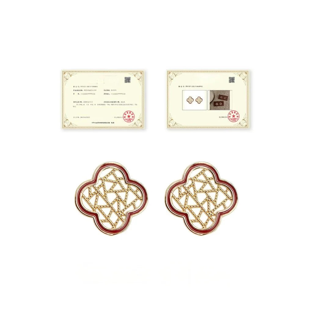 Vintage Floral Geometric Hollow Window Pattern 14K Gold Plated Copper Stud Earrings