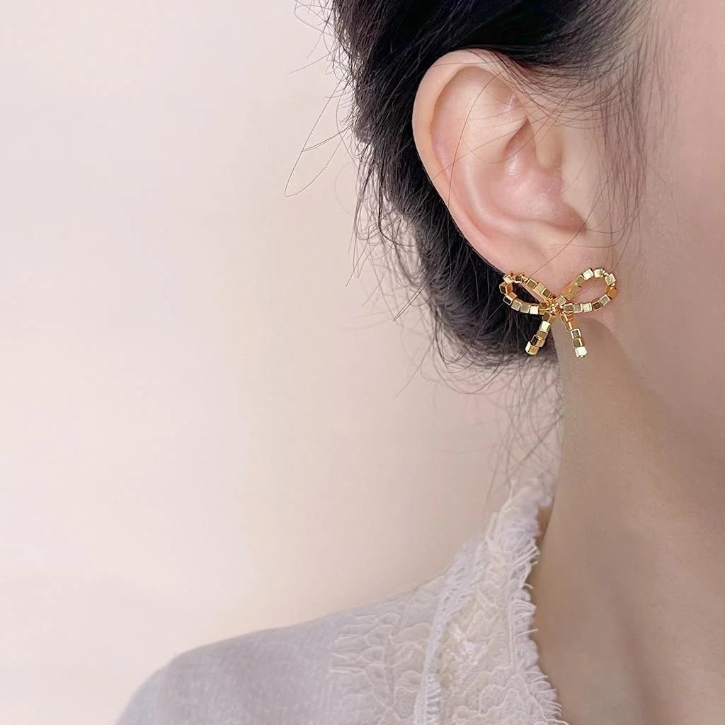 Fashion Designer 14K Plated Copper 3D Bow Stud Earrings