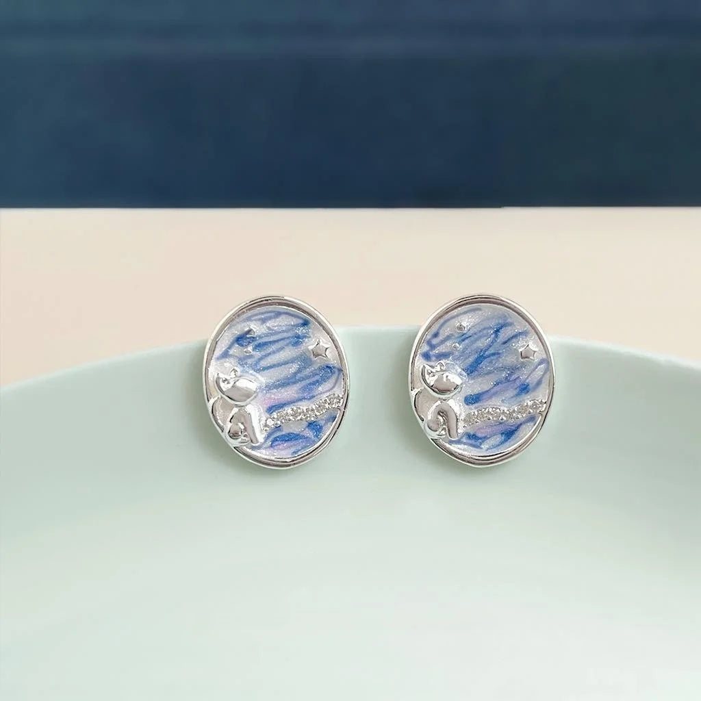 Designer Ocean Starry Sky Enamel Copper Cat Star Drop Earrings And Micro Pave Zircon