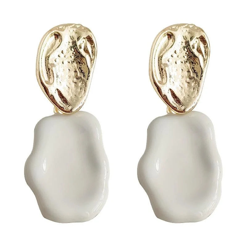 French Milky White Enamel 14K Plated Metal Irregular Geometric Minimalist Drop Earrings