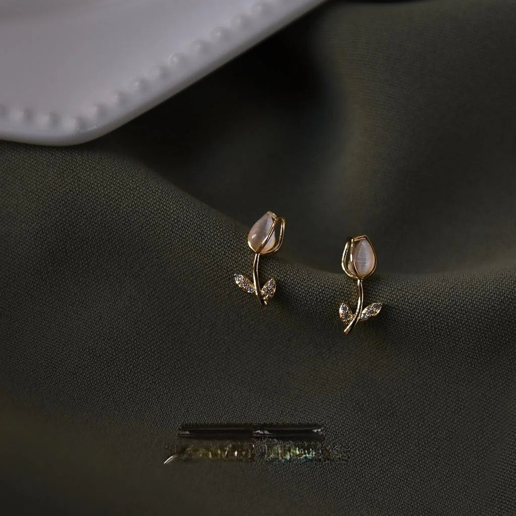 14K Plated Copper Tulip Cat Eye Glass Zircon Drop Earrings Korean Japanese Minimalist Jewelry