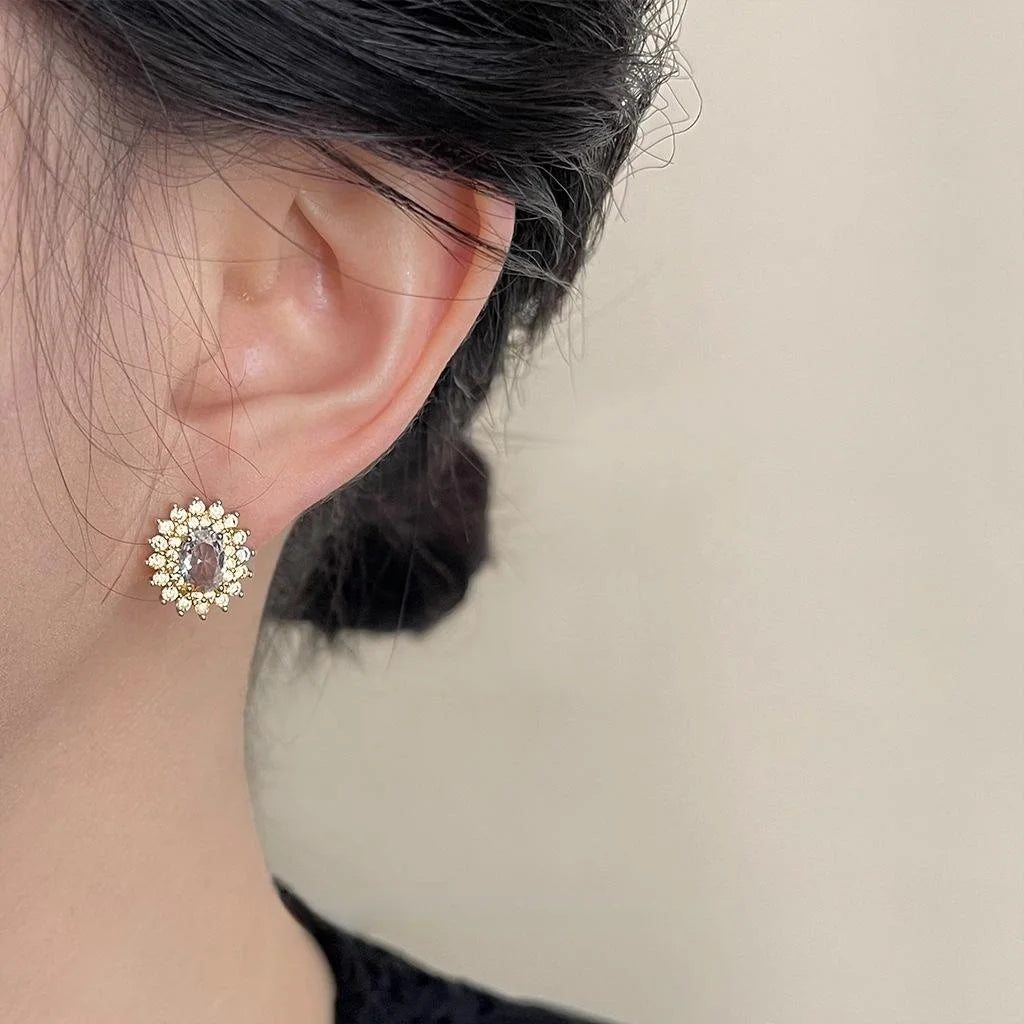 Light Luxury Copper Zircon Oval Geometric Sun Stud Earrings For Women