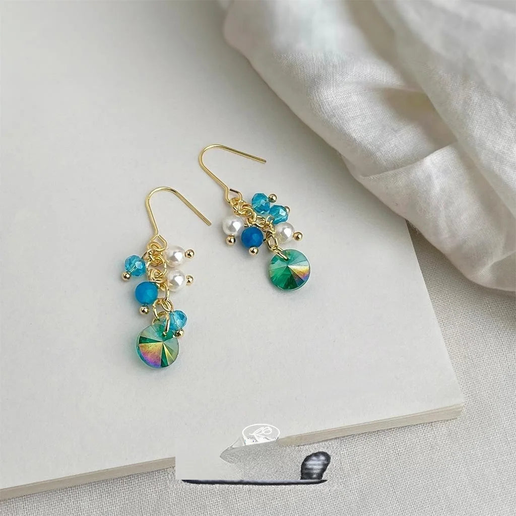 Vacation Style Ocean Blue Glass Crystal Agate Pearl Geometric Round Drop Earrings