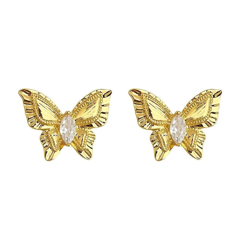 French Light Luxury Vintage Butterfly Stud Earrings Eco Copper Micro Pave Zircon Textured Chic Jewelry