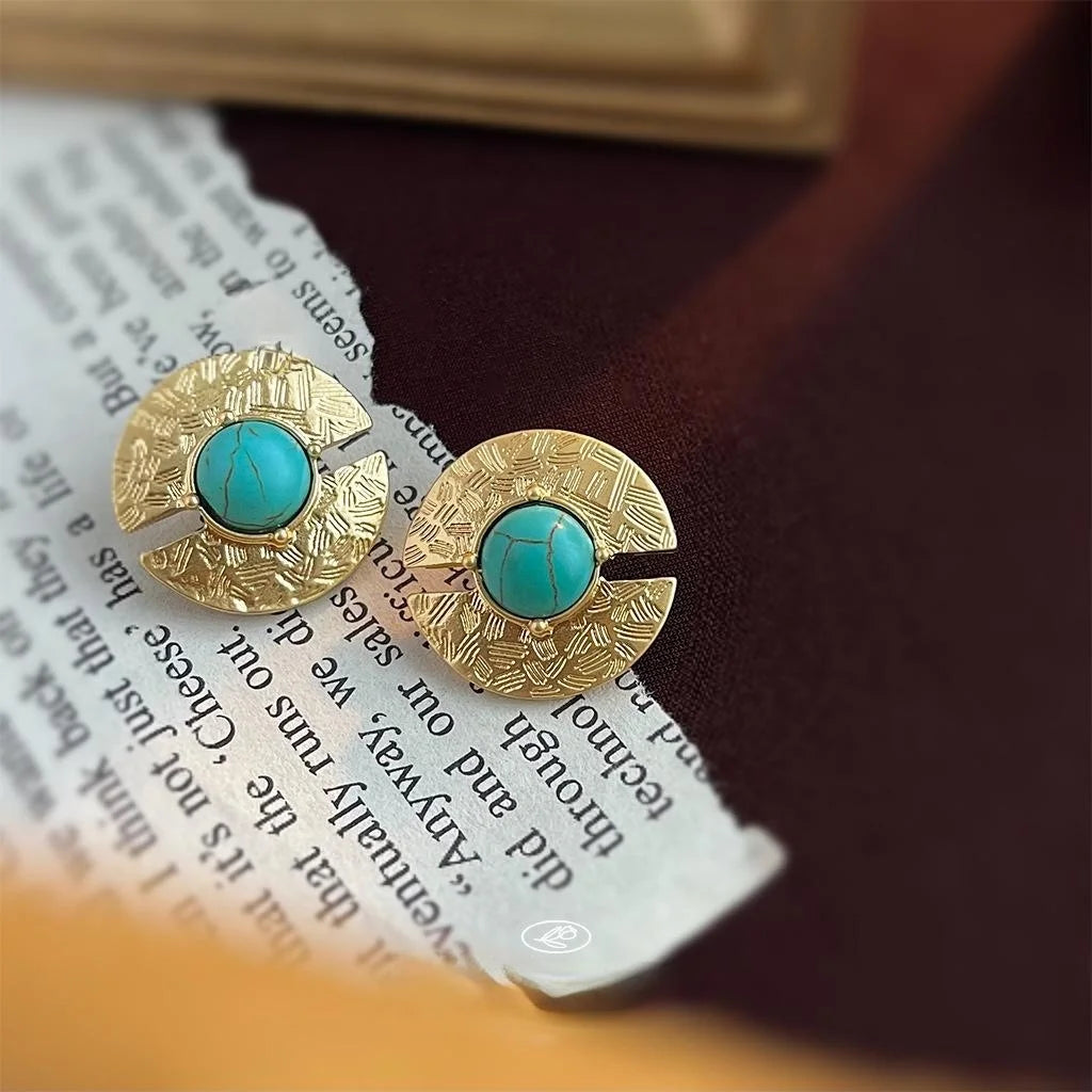 Vintage Copper Synthetic Turquoise Geometric Round Stud Earrings French Court Style