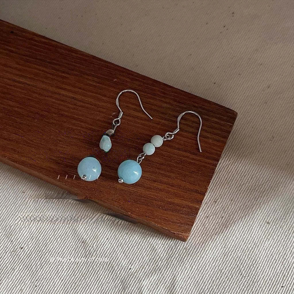 Original Design Copper Blue Natural Stone Geometric Tassel Drop Earrings New Chinese Style