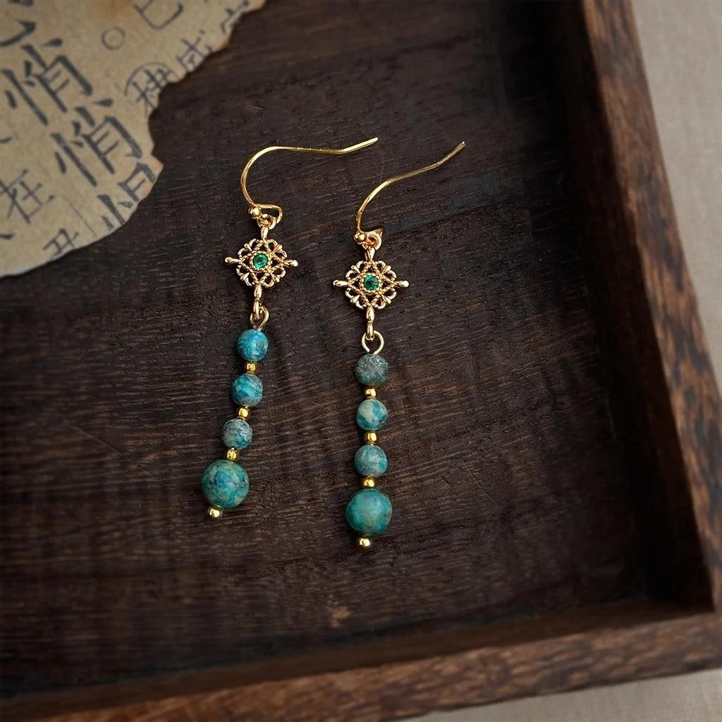 Vintage Chinese Style Copper Zircon Hubei Turquoise Geometric Round Tassel Drop Earrings