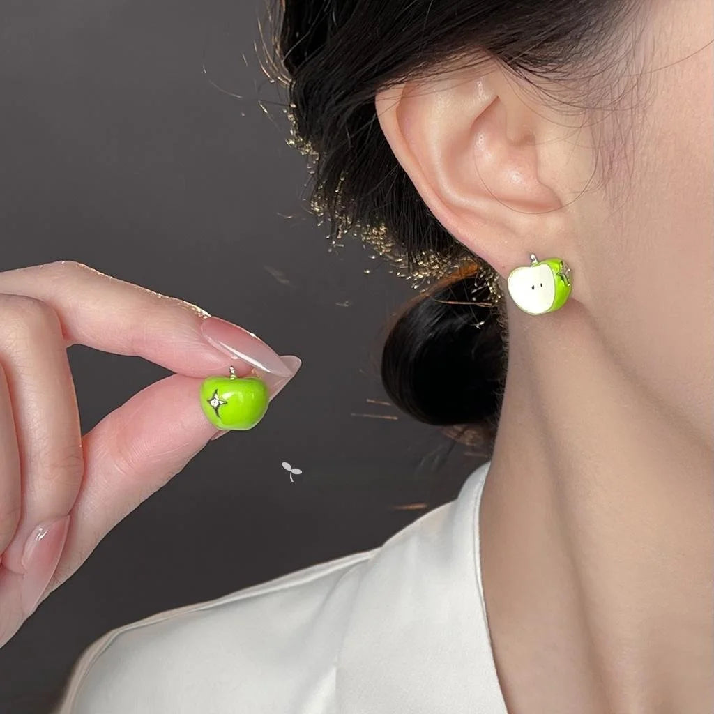 Asymmetric Green Apple Stud Earrings Copper Enamel Zircon Starburst Style for Women
