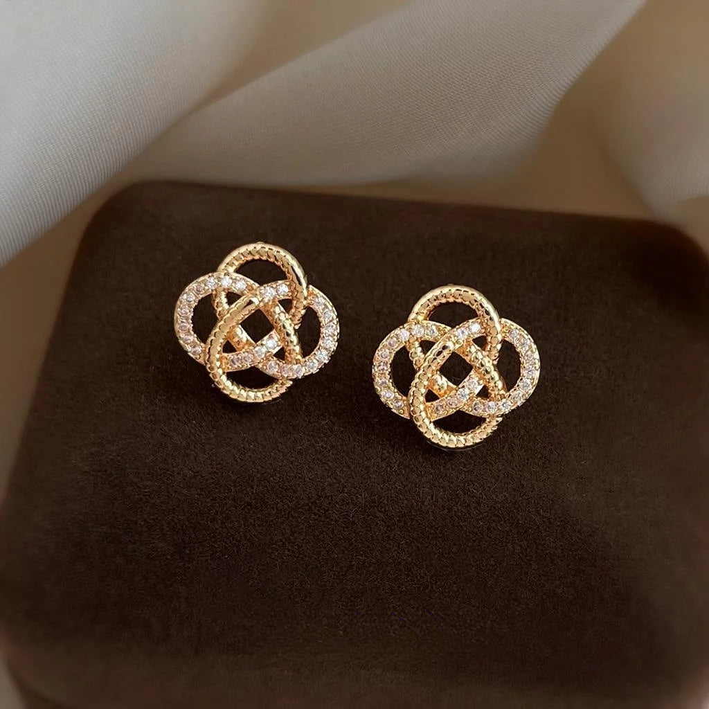 Light Luxury Geometric Floral Auspicious Knot Zircon Copper Stud Earrings