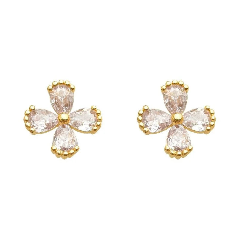 Mini 14K Plated Zircon Flower Petal Stud Earrings For Women Simple Commuter Jewelry