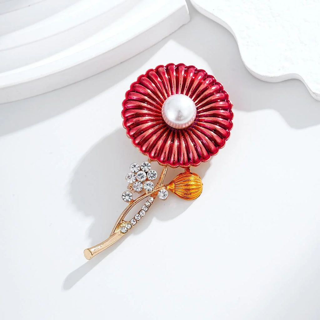 Elegant Red Enamel Daisy Flower Brooch With Pearl Center And Rhinestone Stem, Women's Lapel Pin Gift