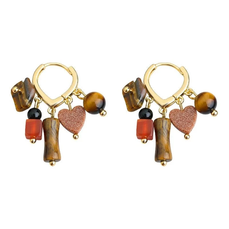 Vintage Ethnic Tiger Eye Agate Heart Tassel Drop Earrings With Copper
