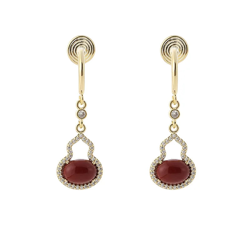 Vintage Red Gourd Zircon Drop Stud & Clip On No Piercing New Chinese Style Luxury Earrings