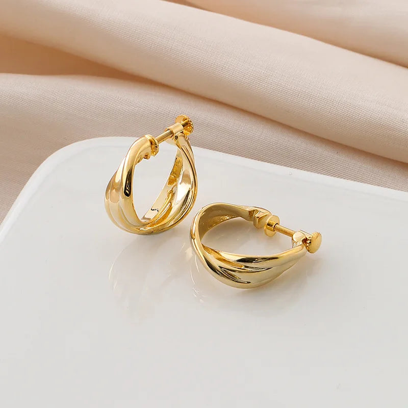 Elegant Gold Alloy C-Shaped Hoop Screw Stud & Clip On No Piercing Minimalist Metal Circle Earrings